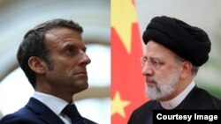 د عکس ښي لور ته د ایران ولسمشر ابراهیم رییسي او چپ لور ته د فرانسې ولسمشر ایمانویل مکرون