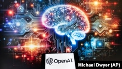 Logoja e OpenAi shihet në një telefon të mençur mobil, përfundi një ekrani ku duket një fotografi e gjeneruar nga ChatGPT, e cila shfaq një tru.