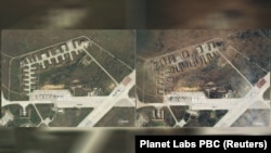 Imagini din satelit ale aerodromului militar din Crimeea, în apropiere de orașul Sakî, înainte și după exploziile care au avut loc pe 9 august anul trecut.