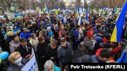 Разрешенный митинг против вторжения России в Украину. Алматы, 6 марта 2022 года