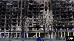 A damaged building in the Russian-occupied Azov Sea port city of Mariupol in southeastern Ukraine on November 29.
