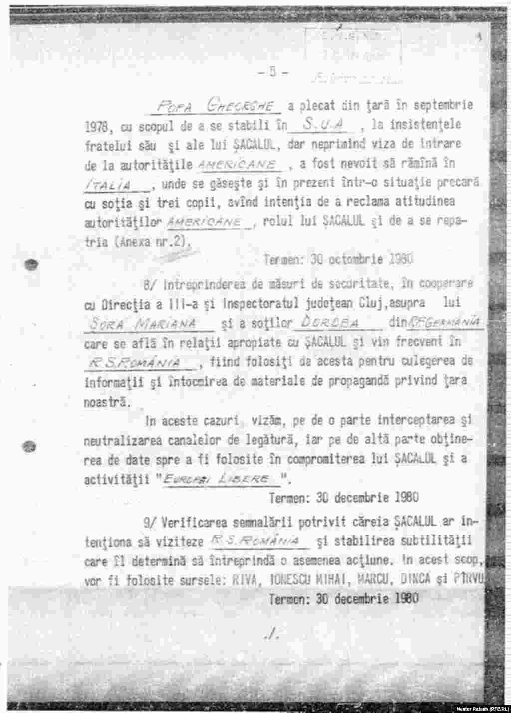 Romania, former Securitate document detailing violent measures to be taken in the 1980s against RFE/RL's Romanian department director at the time Noel Bernard, 5nd page