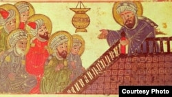 Profetul Mahomed predicând, miniatură dintr-un manuscris persan din secolul XII. Unul dintre puținele exemple în care apare chipul lui Mahomed
