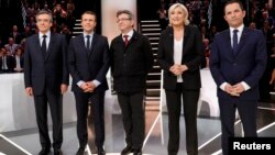 Candidates for the 2017 presidential election in France (left to right): Francois Fillon, Emmanuel Macron, Jean-Luc Melenchon, Marine Le Pen and Benoit Hamon.