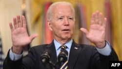 US President Joe Biden speaks about the situation in Afghanistan from the East Room of the White House in Washington on July 8.