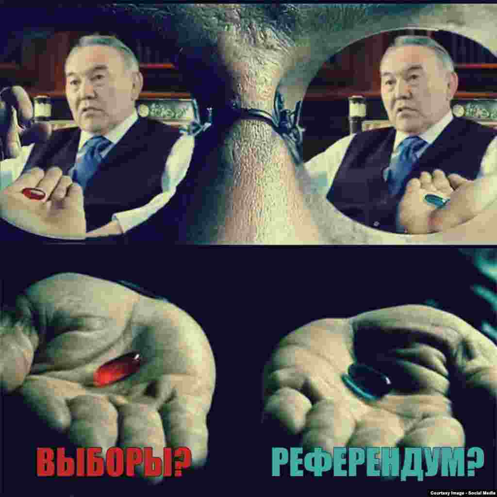 Қазақстан президенті Нұрсұлтан Назарбаевқа "Референдум" мен "Сайлаудың" бірін таңдауды ұсынып тұрған адамның қолы.