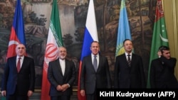 The foreign ministers of the Caspian Sea littoral states -- Sergei Lavrov of Russia (center), Elmar Mammadyarov of Azerbaijan (left), Mohammad Javad Zarif of Iran (second from left), Rashid Meredov of Turkmenistan (right), and Kairat Abdrakhmanov of Kazakhstan -- during a meeting in Moscow on December 5