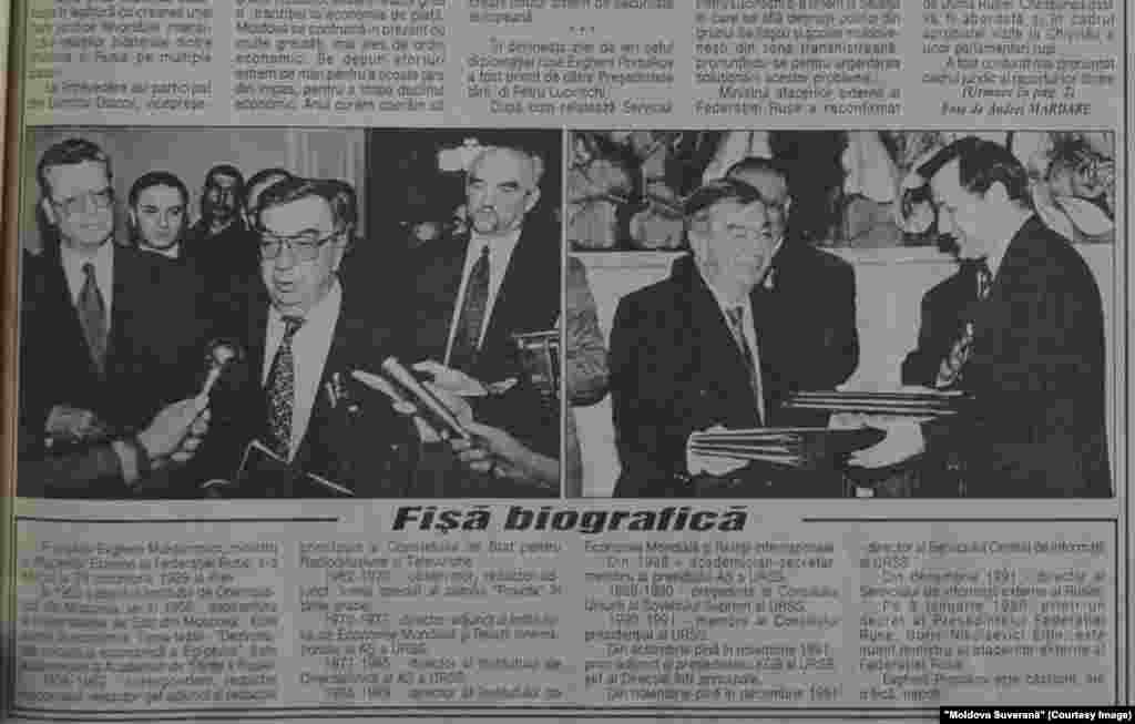 "Moldova Suverană", 12 aprilie 1997, ministru rus de Externe Evgheni Primakov la Chişinău