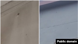 Armenia - Photographs released by the Defense Ministry show bullet holes on a building in Khnatsakh village, April 14, 2025.