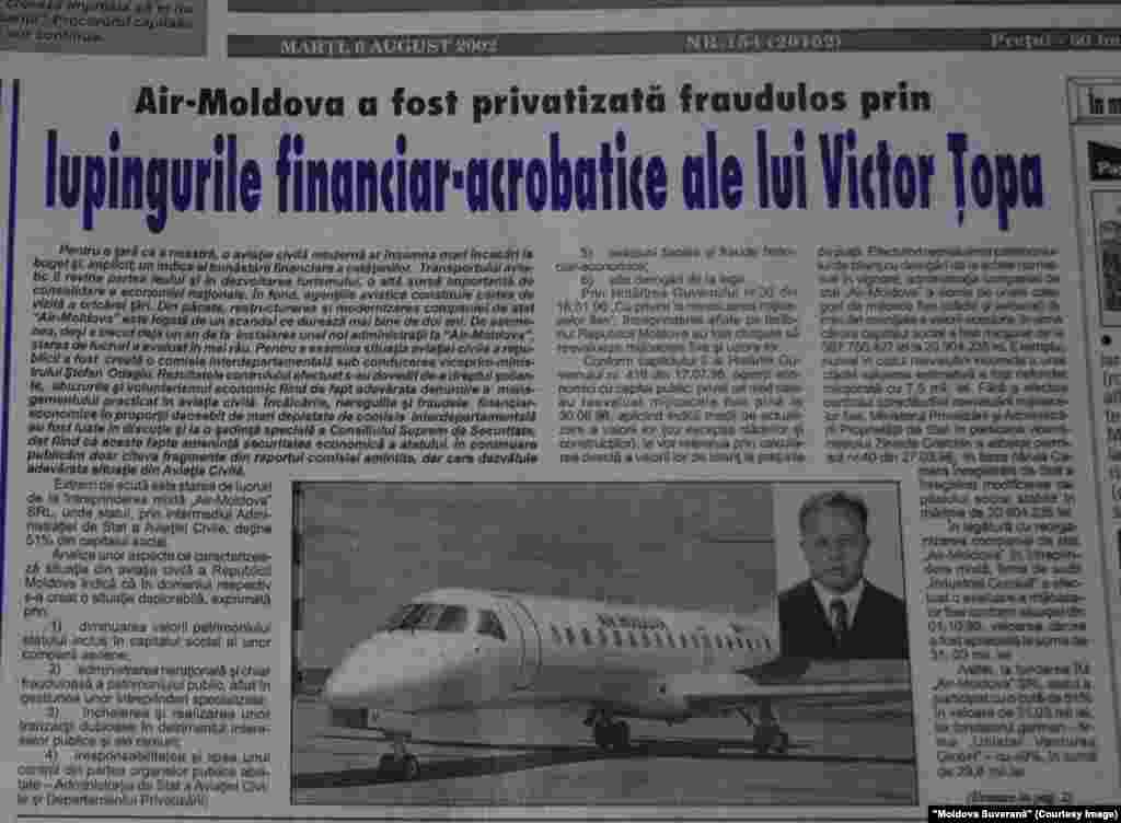 "Moldova Suverană", 6 august 2002, legăturile ex-ministrului Transporturilor Victor Ţopa cu Air Moldova