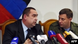 Захарчанка і Платніцкі на прэсавай канфэрэнцыі ў Данецку, 2 лютага 2015 году