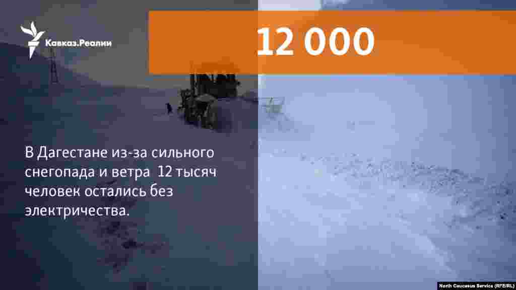 10.01.2018 // В Дагестане из-за сильного снегопада и ветра 12 тысяч человек остались без электричества. Отключены 35 высоковольтных линий электропередач и 160 трансформаторных подстанций.