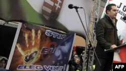 Член радикальної партії «Йоббік» на мітингу противників ЄС у Будапешті, січень 2012 року