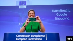 Margrethe Vestager egy korábbi sajtótájékoztatón, még versenypolitikai biztosi minőségében.