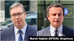 Președintele Serbiei, Aleksandar Vučić și prim-ministrul din Kosovo, Albin Kurti, Bruxelles, 19 iulie 2021 (colaj foto)