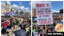 Një protestë kundër Qeverisë, e udhëhequr nga studentët, në Novi Pazar (majtas) dhe një tubim pro-qeveritar në Beograd.