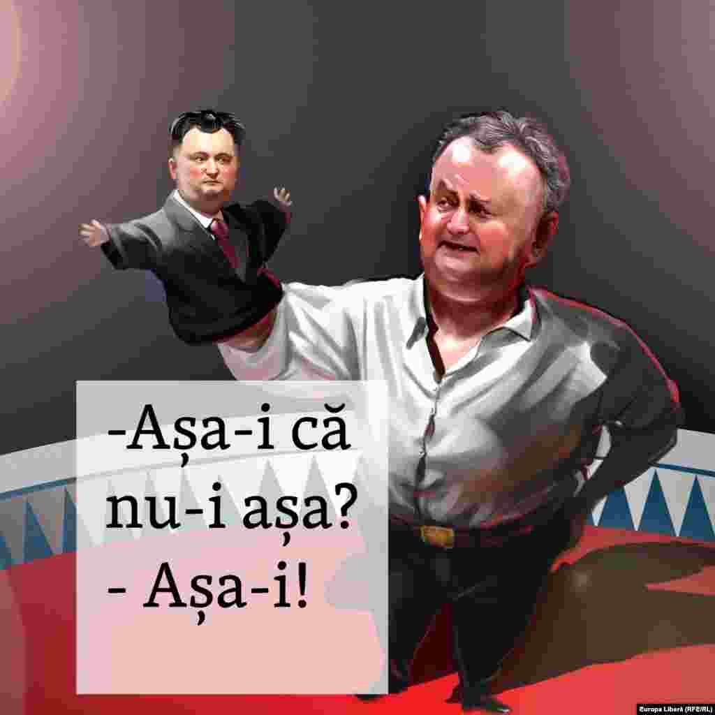Dodon versus Dodon Igor Dodon a contrazis astăzi decizia lui Igor Dodon și PSRM de săptămâna trecută despre votul socialiștilor în privința unui guvern Gavriliță. Comunicat PSRM, sâmbătă, 30 ianuarie: „Decizia de votare sau nevotare va fi luată de Executivul Politic al PSRM după dezbaterile din plenul Parlamentului. Despre aceasta președintele socialiștilor, Igor Dodon, a anunțat după Consiliul Republican al PSRM, care a avut loc azi”. Igor Dodon în vlogul său de vineri, 5 februarie: „Noi nu vom vota Guvernul Gavriliță și această decizie este definitivă. La sigur, doamnă Gavriliță, puteți fi sigură că prim-ministru nu deveniți. Unii s-au pornit prin oraș să-și cumpere costume de miniștri. Nu vă grăbiți. Săptămâna viitoare o să aveți nevoie de aceste costume pentru a veni în Parlament și a răspunde la întrebările socialiștilor, la următoarea ședință care, cel mai probabil va fi joi”.