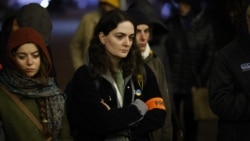 Georgian journalist Mariam Nikuradze covering a protest in Tbilisi.