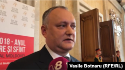 Igor Dodon vorbind jurnaliștilor după lansarea Anului Ștefan cel Mare și Sfânt, Chișinău, 2 februarie 2018. 