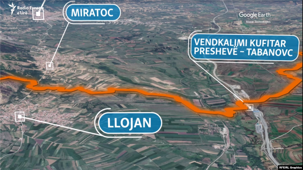 Vija kufitare e Serbisë me Maqedoninë e Veriut. Pamje satelitore. 
