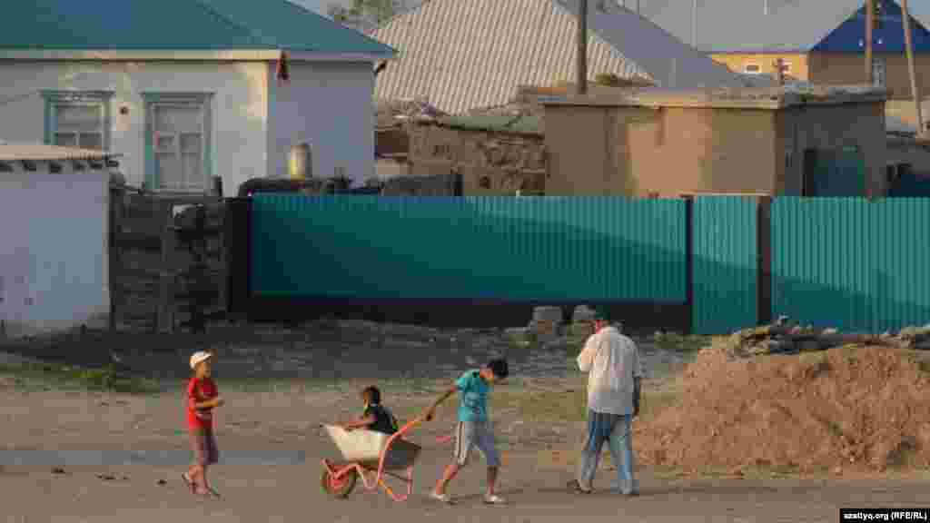 Мальчик везет младшего брата в садовой тележке. 