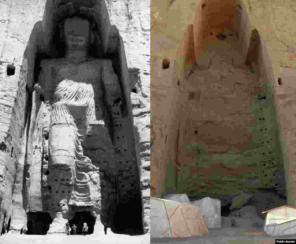 Fotografiile (înainte și după) a unui Buddha gigantic, sculptat în stâncile provinciei Bamiyan din Afganistan. Talibanii au distrus monumentul cu explozibili în 2001. Monumentul lui Buddha data din secolul VI. Un ministru al talibanilor a declarat: „Distrugem statuile în conformitate cu legea islamică și este o chestiune strict religioasă”.