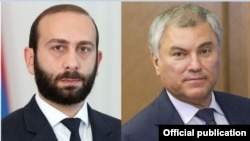 Председатель Национального собрания Армении Арарат Мирзоян (слева) и спикер Госдумы РФ Вячеслав Володин 