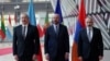 Belgium - Azerbaijan's President Ilham Aliyev, Armenian Prime Minister Nikol Pashinian and European Council President Charles Michel pose for a picture in Brussels, May 14, 2023.