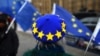 EU flag -themed beret while waving EU flags