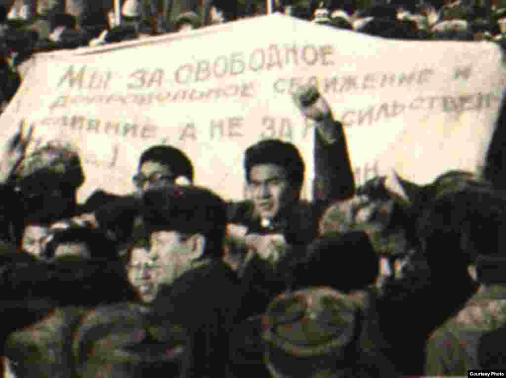 Участники демонстрации держат плакат с надписью: «Мы за свободное добровольное сближение и слияние, а не за насильственное...»