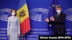 Președinta Maia Sandu la Bruxelles cu președintele Parlamentului European ,David Sassoli , 19 ianuarie 2021. 
