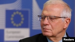 Josep Borrell, az Európai Unió kül-és biztonságpolitikáért felelős főképviselője Brüsszelbe, 2022. február 27-én.