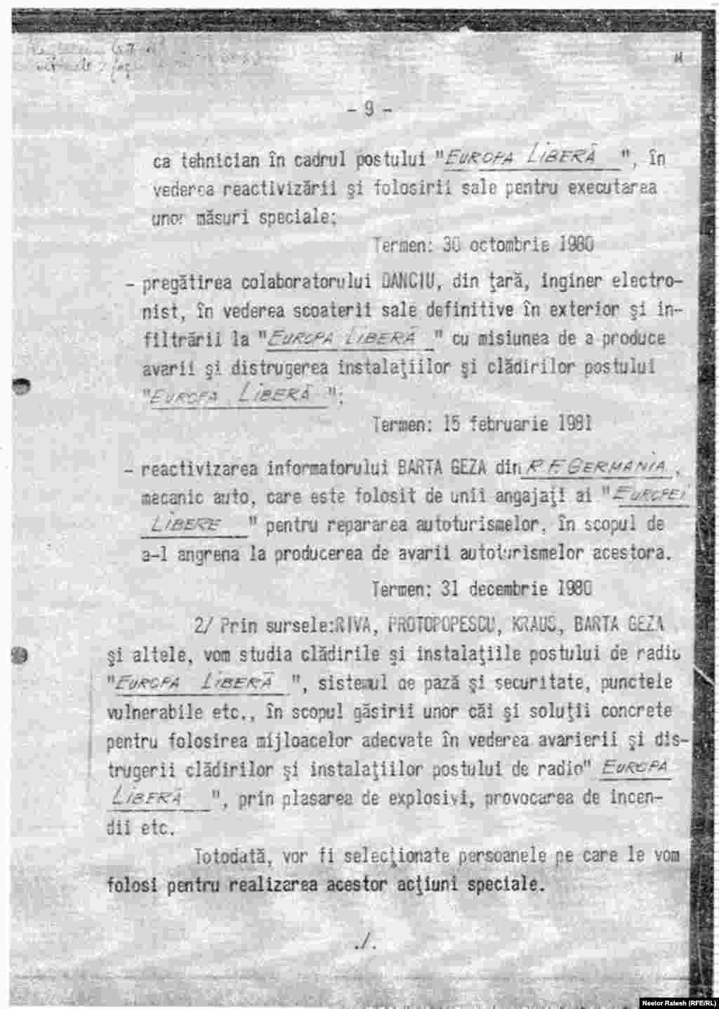 Romania, former Securitate document detailing violent measures to be taken in the 1980s against RFE/RL's Romanian department director at the time Noel Bernard, 9th page