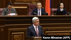 ARMENIA -- Armenia's former president Serzh Sarkisian (C) attends a session of parliament in Yerevan, April 17, 2018
