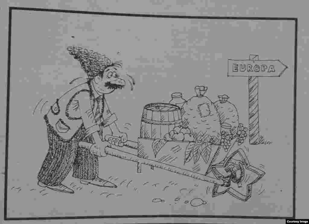 "Molodioj Moldovî", 4 octombrie 1994, caricatură ce arată direcţia Europa în sens invers