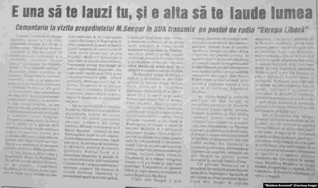"Moldova Suverană" 14 februarie 1995, comentariul Europei Libere despre vizita lui Mircea Snegur la Washington