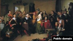 "Преглед на вещица", Томпкинс Харисън Матисън, 1853 г. Картината изобразява съдебен процес в Нова Англия между 1692 и 1693 г. По обвинения в магьосничество 14 жени и 5 мъже са обесени, един мъж е убит с камъни и между 175 и 200 души са затворени.