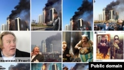 A monitor grab of a "Moscow Times" collection of collages based on the Grozny skyscraper fire.