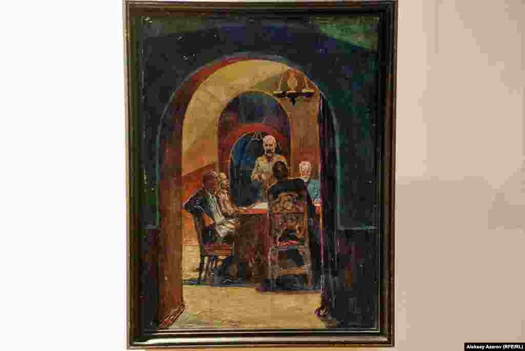 Генрих Фогелердің (1871-1942 жж.) «Революция күрескерлеріне жәрдемдесу халықаралық ұйымының отырысы» атты бұл картина 1924 жылы салынған. Германия компартиясының мүшесі болған Фогелер 1931 жылы СССР-ге қоныс аударған. Германияда билік басына Адольф Гитлер келген сәттен бастап ол саяси эмигрантқа айналған. Мәскеуде тұрып, жұмыс істеген Фогелер ұлты неміс болғаны үшін 1941 жылы қыркүйекте Қазақстанға жер аударылған. Қарағанды түбінде ауылдық ауруханада аштық пен дерт меңдеп қайтып болған. Оның нақты қай жерге жерленгені белгісіз. Генрих Фогелердің Қазақстанға жер аударылғаны қалың жұртшылыққа тек 1980-жылдардың соңында ғана белгілі болған. Қарағандыда Фогелерге орнатылған ескерткіш бар. Қарағанды мұражайында оның үш еңбегі сақтаулы тұр. Олар Мәскеуде, суретшінің ұлынан сатып алынған. Бұл суреттердің барлығы Алматыдағы көрмеге қойылды.