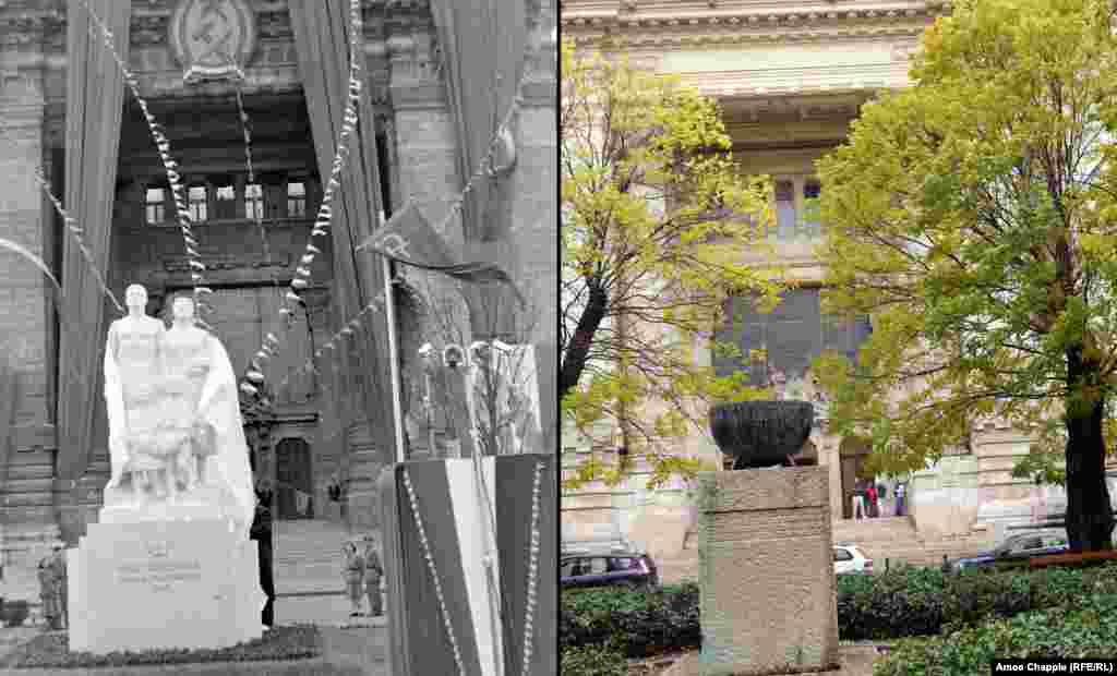 Budapesta, 1949-2019 O statuie de calcar a fost dezvelită cu ocazia zilei de naștere a lui Stalin, chiar în centrul Budapestei (stânga). Statuia era însoțită de inscripția: „Marelui Stalin - de la poporul maghiar recunoscător.” În 1956, aceasta a fost dată jos de pe postament, iar în locul său a fost înălțat un monument în memoria victimelor primei revoluții maghiare din 1848. Foto: Fortepan/ Magyar Rendor, 1949