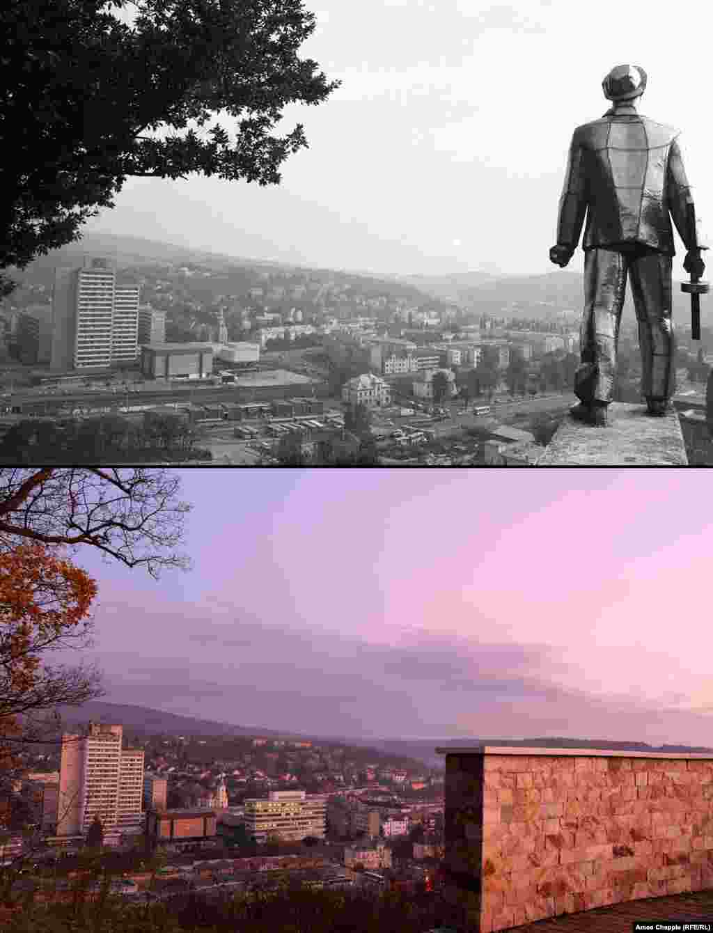 Salgotarjan, 1982 - 2019 O statuie de cinci metri, din oțel cromat, dedicată partizanilor din cel de-al Doilea Război Mondial se înălța până în anii `90 pe un vârf de deal, cu vedere la Salgotarjan (sus). În 1993, monumentul a fost scos și mutat într-un loc mult mai puțin proeminent, în afara centrului orașului. În locul „partizanului strălucitor”, se află acum o punte de observație, încununată cu drapelul Ungariei. Foto: Fortepan/ Magyar Rendor, 1982