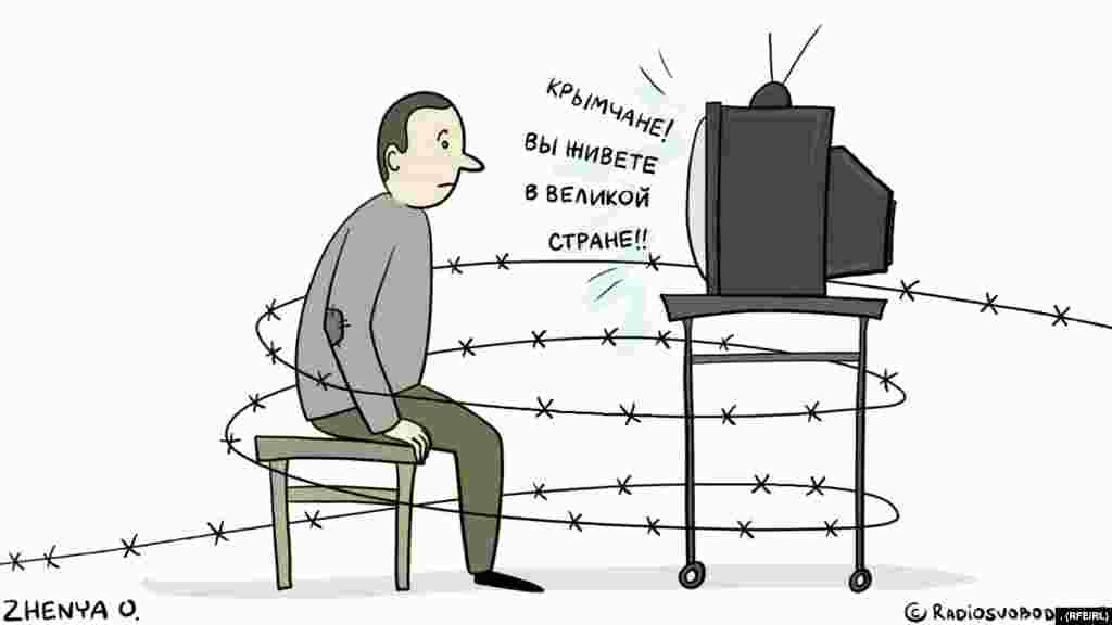 „Locuitori ai Crimeii", le spune televiziunea în rusește rezidenților recent anexatei peninsule, „trăiți într-o țară mare!”