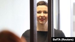 Belarusian opposition politician Maryaa Kalesnikava attends a court hearing in Minsk on August 4.