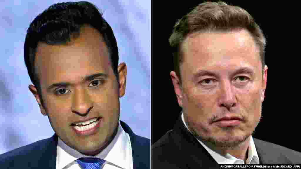 Vivek Ramaswamy amerikai vállalkozó és korábbi republikánus elnökjelölt Wisconsinban 2024. november 12-én és Elon Musk, a SpaceX, a Twitter és a Tesla elektromosautó-gyártó vezérigazgatója egy 2024. július 16-án Párizsban készült képen. Donald Trump megválasztott amerikai elnök 2024. november 12-én közölte, hogy Elon Musk egy úgynevezett kormányzati hatékonysági minisztériumot fog vezetni Vivek Ramaswamy amerikai vállalkozó mellett
