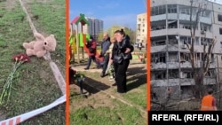 Oamenii depun flori la terenul de joacă din Krivoi Rog lovit vineri, pe 4 aprilie 2025, de o rachetă balistică rusească.