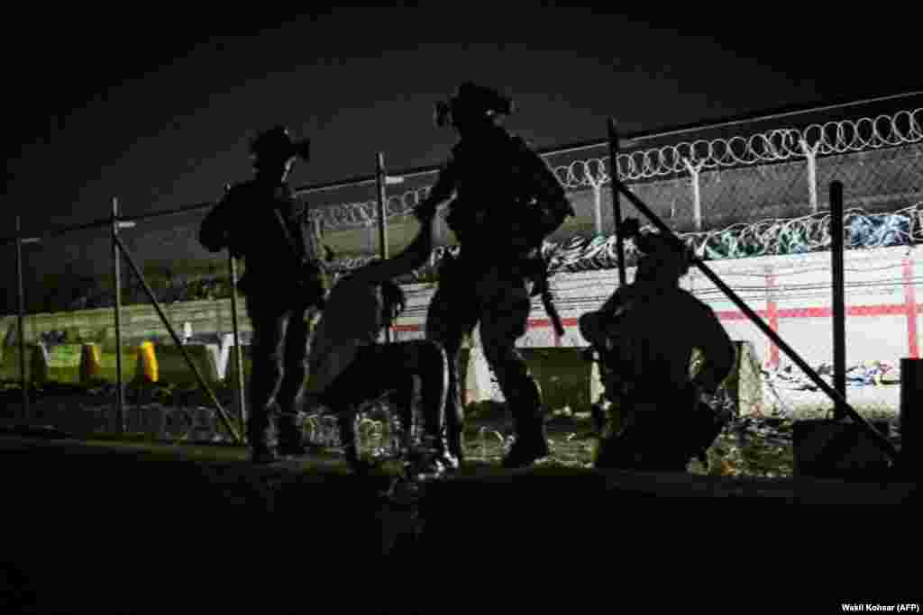 Soldații britanici și canadieni ajută un afgan să urce un zid de protecție din vecinătatea zonei de aeroport controlate de forțele militare străine.