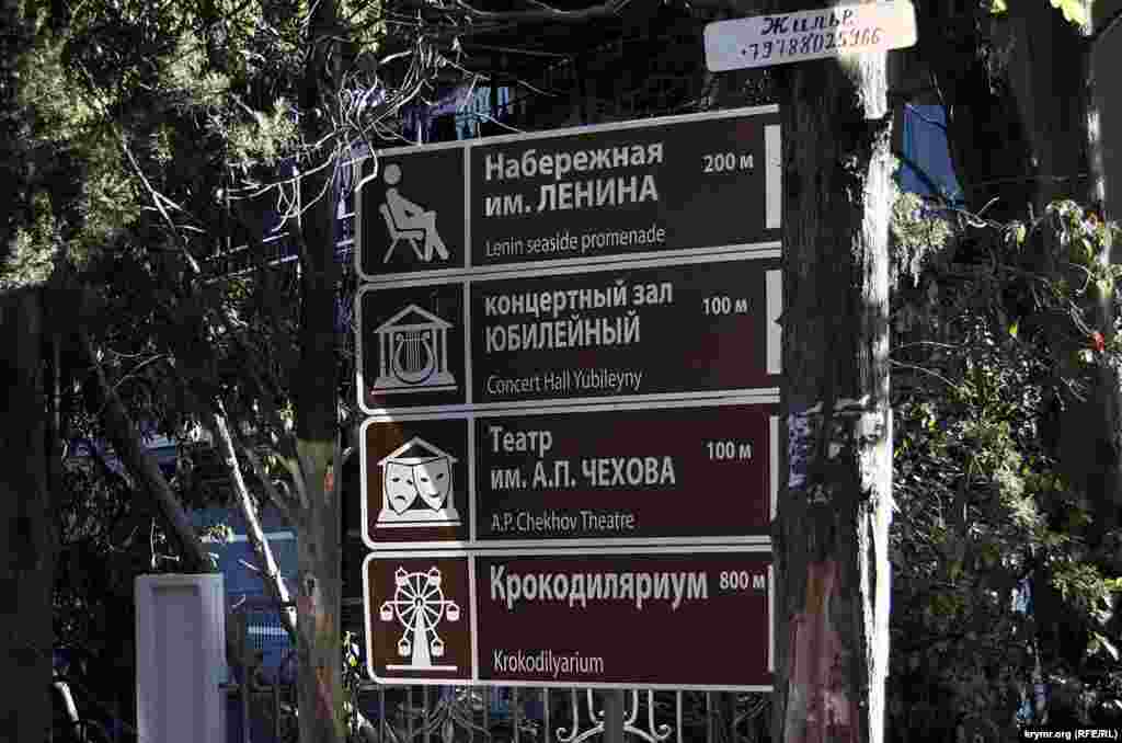 Вот главное и, по сути, единственное украшение, которым РФ одарила за полтора года Крым. Эти указатели понатыканы везде, где нужно и где не нужно. Причем абсолютно одного размера, цвета и дизайна – и на обочинах скоростных магистралей, и в глухих переулках южнобережных поселков, от Севастополя и до Керченской переправы