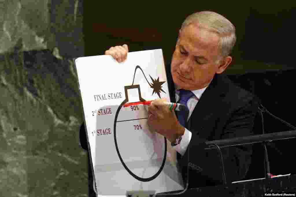 Az ENSZ közgyűlésén, 2012. szeptember 27-én egy ábrával emelte ki mondandóját az iráni atomprogramról, amire szerinte "egyértelmű vörös vonalat kell húzni" válaszként.