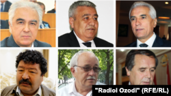Фигуранты дела о госперевороте в Таджикистане. Слева направо: Саидджафар Усмонзода, Акбаршо Искандаров, Хамрохон Зарифи, Шокирджон Хакимов, Ахмадшох Комилзода, Абдулфайз Атои. 